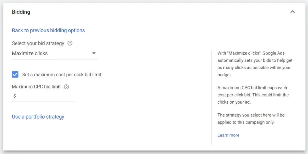google ads Maximize Clicks Bid Strategy
