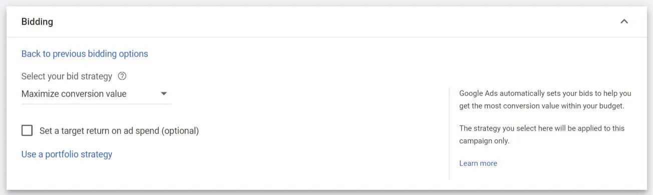 google ads Maximize conversion value bidding